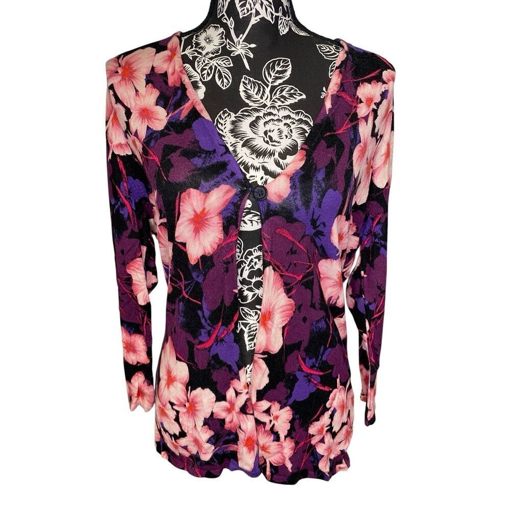 Cb Floral Cardigan Sweater Purple Pink Boho Cottagecore Flower Office Workwear